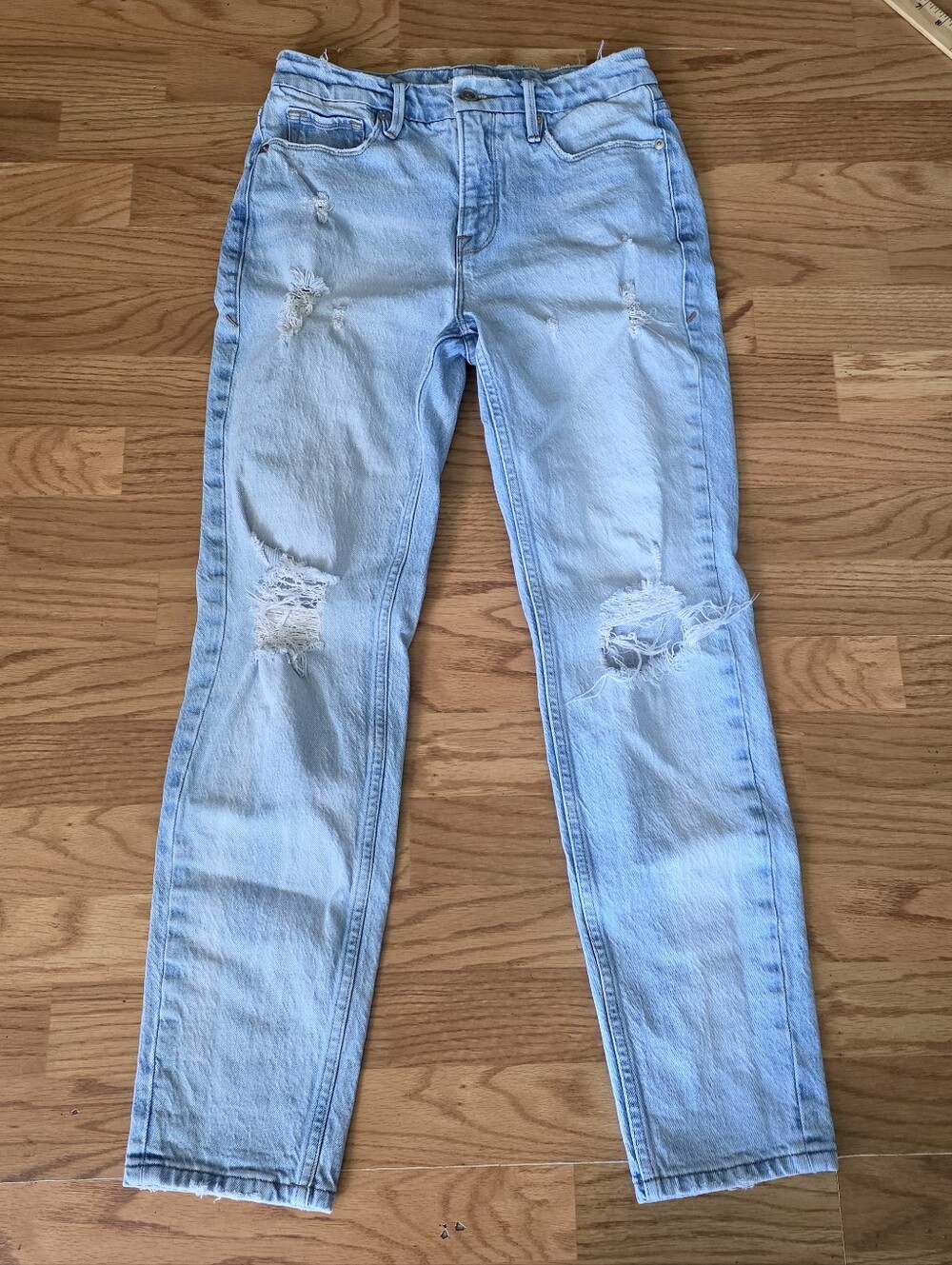 Good American Light Blue Distressed Straight Leg Jeans Sz 0/25